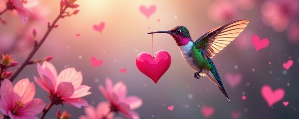 Elegant hummingbird carrying pink heart, vector valentine's card, beautiful, valentine
