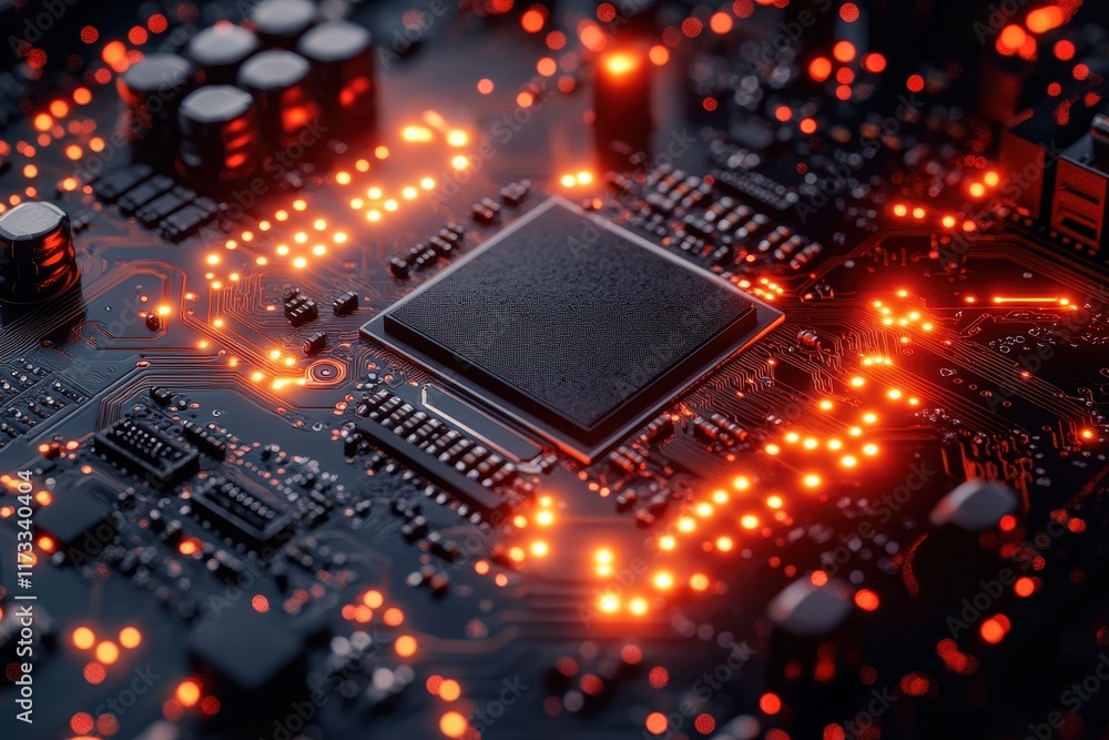 Poster advanced circuit board with glowing components showcases modern technology in a dark environment