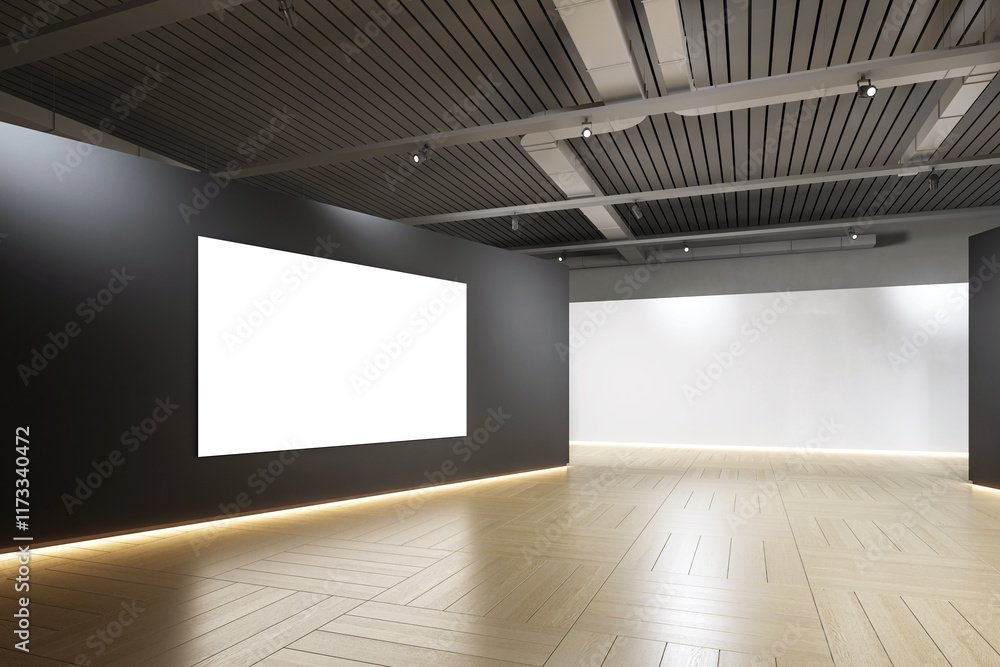 Poster modern gallery interior with empty walls and wooden flooring in a contemporary design setting. 3d re