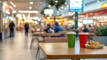 Two disposable cups and fries on a table in a busy food court.