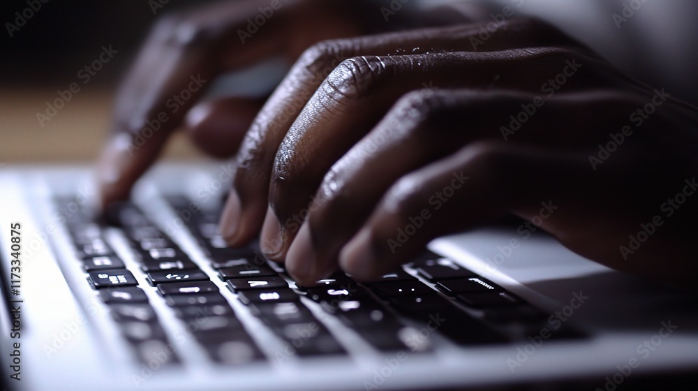 Poster close up of hands typing on laptop keyboard in low light setting
