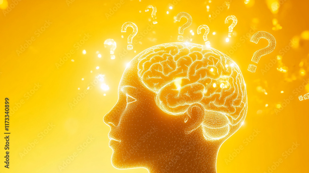Poster glowing human brain with question marks on a vibrant yellow background