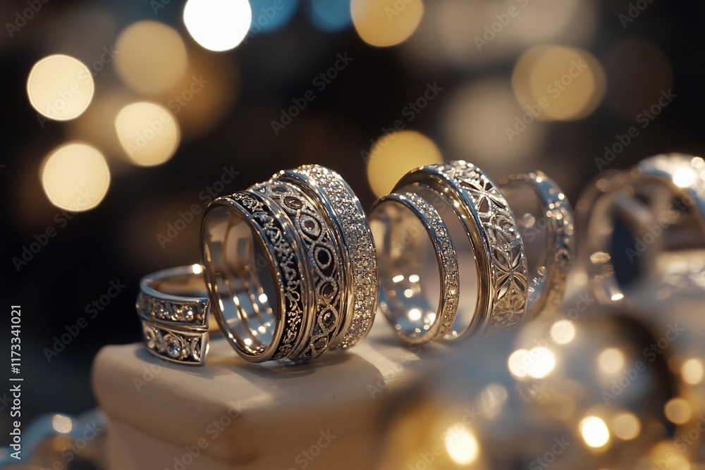 Aufkleber close-up of several silver rings with intricate designs displayed on a stand, bokeh background.