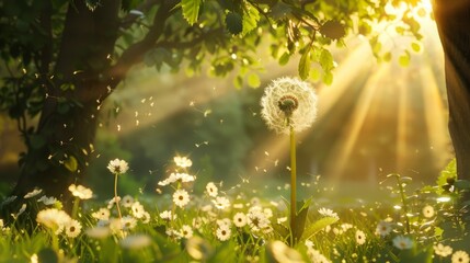 Magical meadow scene with a blooming dandelion releasing seeds in golden sunlight. Rays of light filter through lush green trees, capturing the beauty, freedom, and serenity of a peaceful spring day.