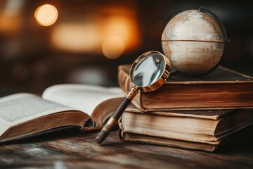 A globe, a stack of books, and a magnifying glass placed together on a vintage wooden table, with warm, dramatic lighting