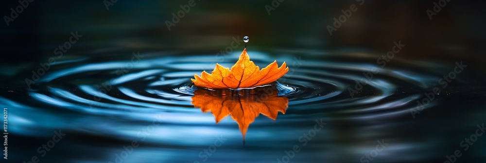 Poster orange leaf floats on dark water, creating concentric ripples.