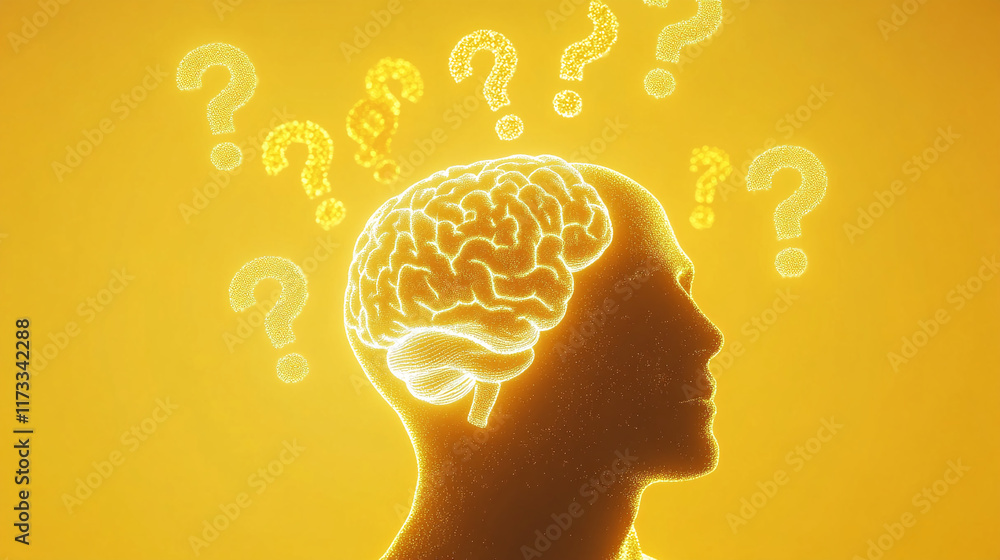 Poster glowing human brain with question marks on a bright yellow background
