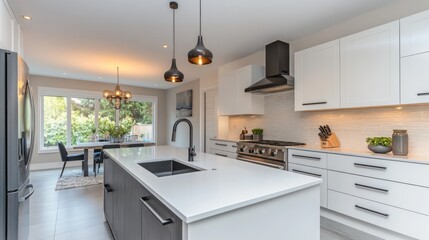 Fototapeta premium Modern kitchen with sleek design, island, and dining area, ideal for cooking and entertaining.