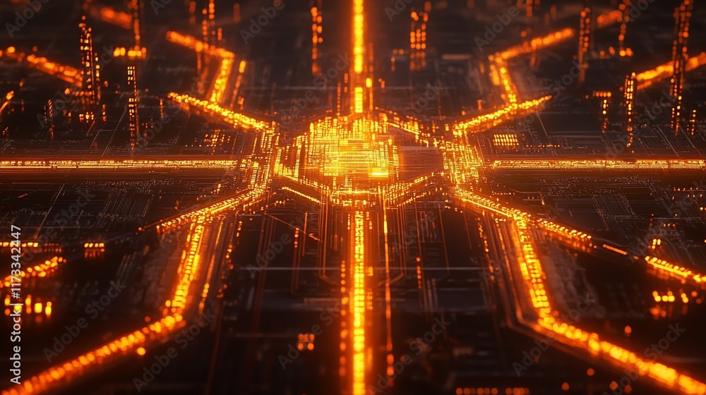 Poster Glowing orange hexagonal circuit board core with pathways.