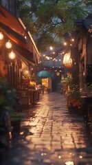A serene, rain-soaked alley adorned with lights and plants, evoking a cozy atmosphere.