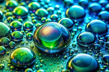 Naklejka premium Macro Abstract Water Molecule: Vibrant Blue and Green Droplets