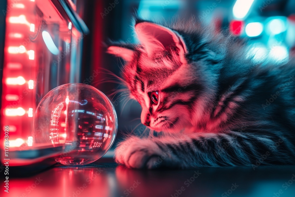 Poster a futuristic depiction of a robotic kitten with glowing led eyes, playing with a holographic ball in