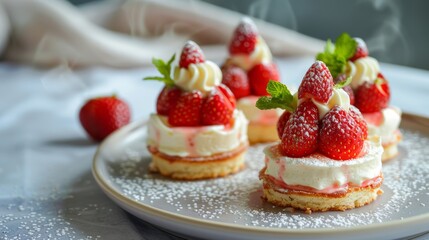 Elegant strawberry shortcakes with fresh cream, mint leaves, and powdered sugar on a plate. These beautiful mini desserts capture a delicate, sweet, and gourmet presentation perfect for spring treats.
