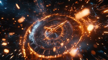 A close-up of a clock striking midnight, surrounded by fireworks and glowing light patterns, marking the dramatic moment of the New Year celebration