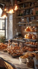 A cozy bakery display filled with various fresh pastries and bread.