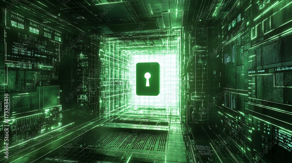 Poster Abstract green digital tunnel with a keyhole, symbolizing cybersecurity and data protection.