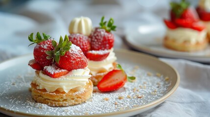Elegant strawberry shortcakes with fresh cream, mint leaves, and powdered sugar on a plate. These beautiful mini desserts capture a delicate, sweet, and gourmet presentation perfect for spring treats.