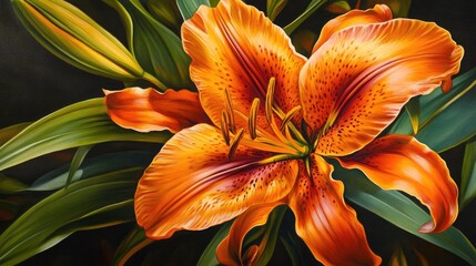 Obraz premium A close-up of an orange lily in vibrant bloom, with intricate details of its petals and lush green leaves, all bathed in gentle natural light