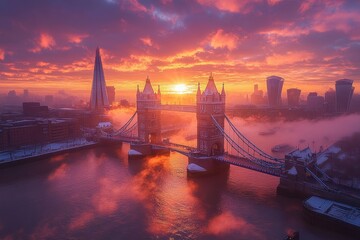 Stunning sunrise over Tower Bridge and the Shard in London with vibrant colors and misty ambiance