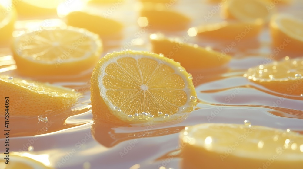Poster a close up of a bunch of oranges in a bowl of water. the oranges are sliced and floating in the wate