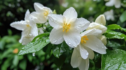 A close-up of delicate white flowers with yellow centers, glistening with raindrops, set amidst rich greenery in a calm garden atmosphere
