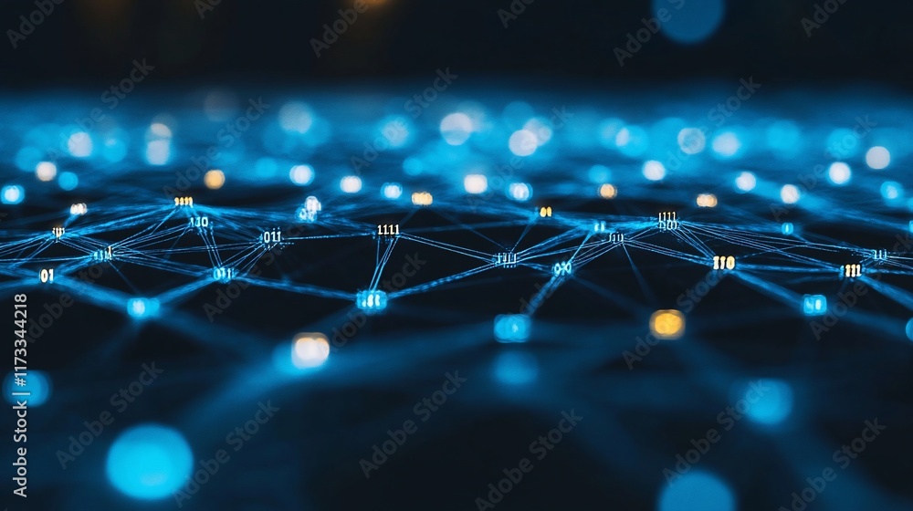 Poster Abstract network connection. Glowing blue nodes and lines, dark background, bokeh effect.