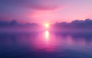 Fototapeta premium Pink sunset over calm ocean with fog.