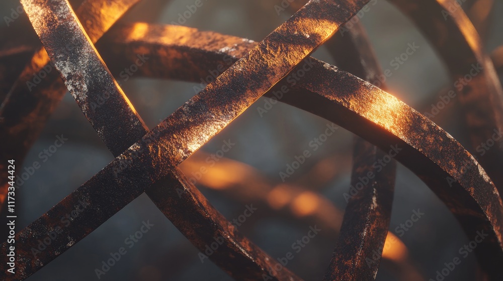 Poster a close-up of intertwined rusted metal bars, glowing gently in the soft evening light, symbolizing t