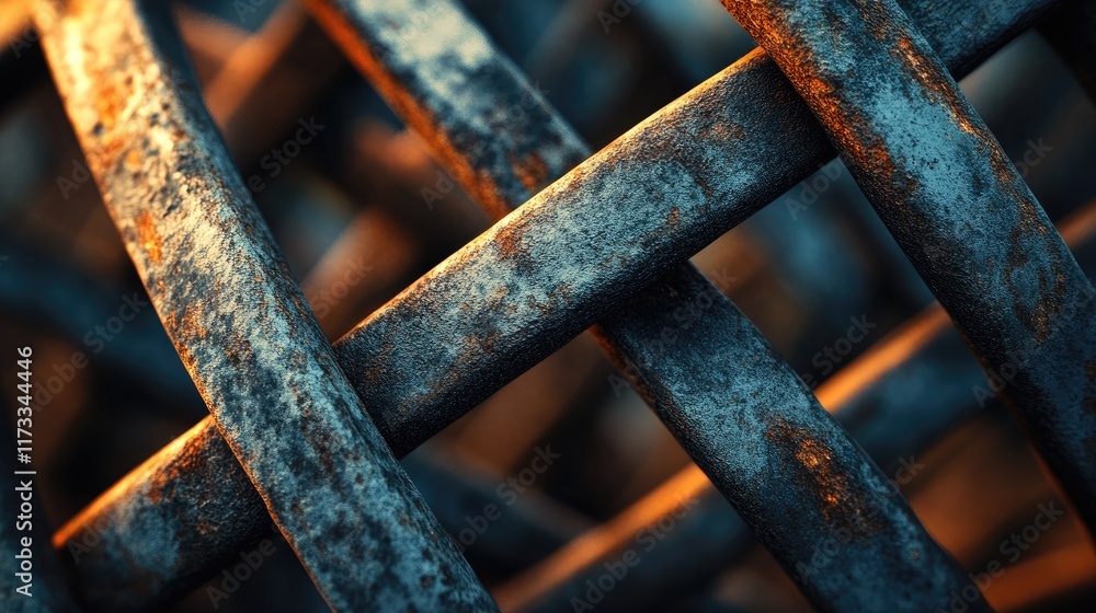 Poster a close-up of intertwined rusted metal bars, glowing gently in the soft evening light, symbolizing t