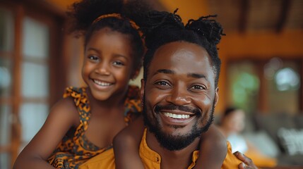 A man and a young girl share a warm hug, both smiling happily in an indoor setting with a window in the background.
