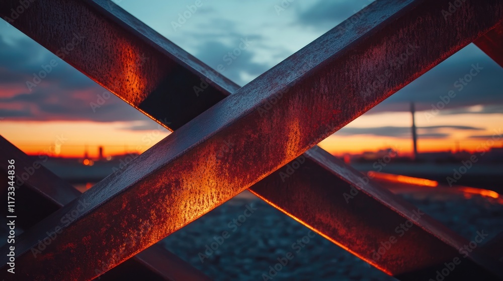 Poster a close-up of rusted metal bars intertwined, softly glowing under the evening sky, creating a juxtap