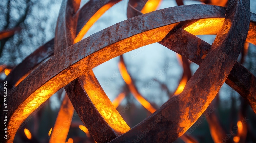 Poster a close-up of rusted metal bars intertwined, softly glowing under the evening sky, creating a juxtap