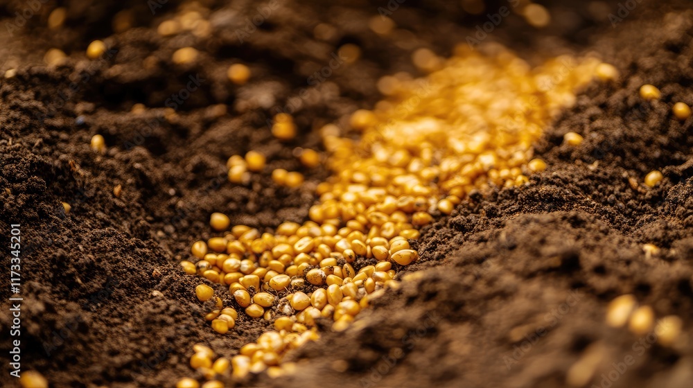 Poster A close-up view of golden grains embedded in the soft, rich soil, highlighting the connection between nature and agriculture