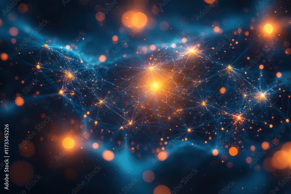 Poster visual representation of digital connections highlighting network patterns in a dark background