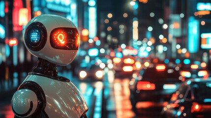A smart traffic control robot directing vehicles at a busy intersection, illuminated by futuristic city lights