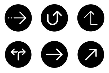 Set of 6 icons with various arrow designs, thin white outline on black circle background, high resolution