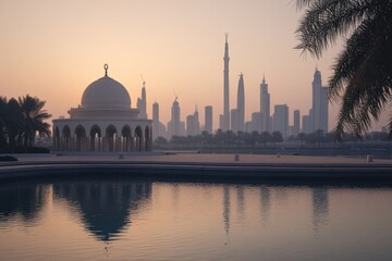 Silhouetted skyline of Dubai at sunrise with reflective water and a traditional architectural feature