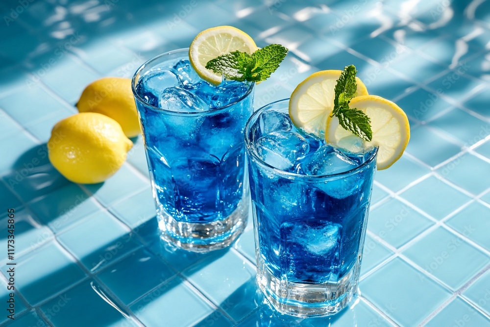 Poster two glasses of refreshing blue lemonade with lemon slices and mint on a blue tiled surface.
