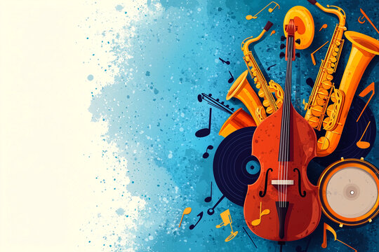 Musical instruments for jazz music. Poster for a jazz festival. Live rhythm and energetic atmosphere.	