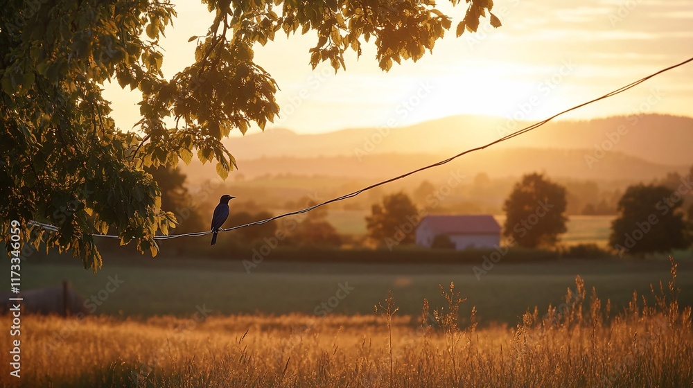 Poster silhouette of a bird perched on a wire at sunset, overlooking a rural landscape with fields and a ba