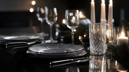 A contemporary Christmas table with fine silverware, crystal glasses, and glowing lights, styled for a modern and elegant holiday gathering