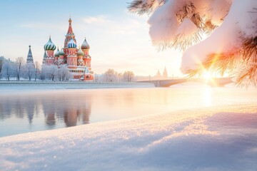 Obraz premium A majestic view of the Kremlin at sunrise, with its iconic red walls and St. Basil Cathedral glowing in soft morning light