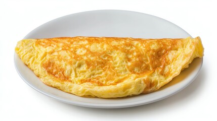 Delicious golden omelette served on a white plate, isolated on white background.