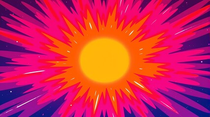 A bold retro background featuring gradient rays in vibrant tones of pink, orange, and purple. The radial design evokes an energetic vintage vibe