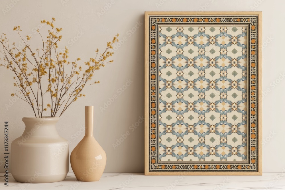 Poster a framed picture of a patterned design sits on a table next to a vase. the vase is white and has a b