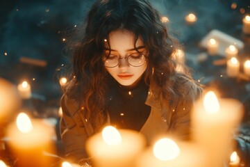 A gothic-themed girl in khaki trousers and a dark blouse, sitting in a moody library lit by flickering candles