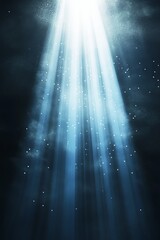 Ethereal light beams pierce through dark clouds, illuminating sparkling particles in a mystical, dreamlike scene.