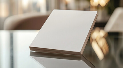 Blank notebook on glass table in hotel lobby with blurred background