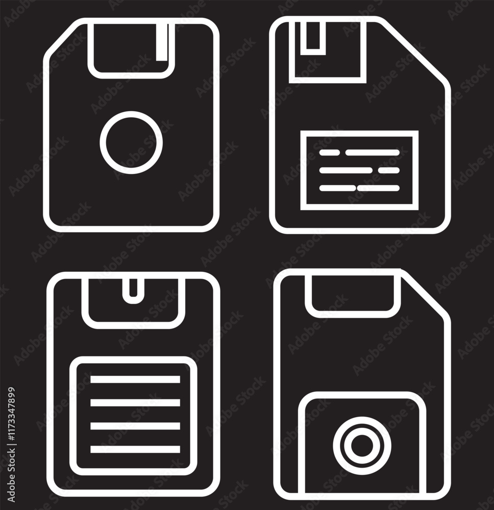 Poster print editable vector save storage floppy disk icon. black, line style, transparent white background