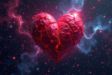 Intricate red heart, swirling galaxy backdrop, element, illustration, glowing